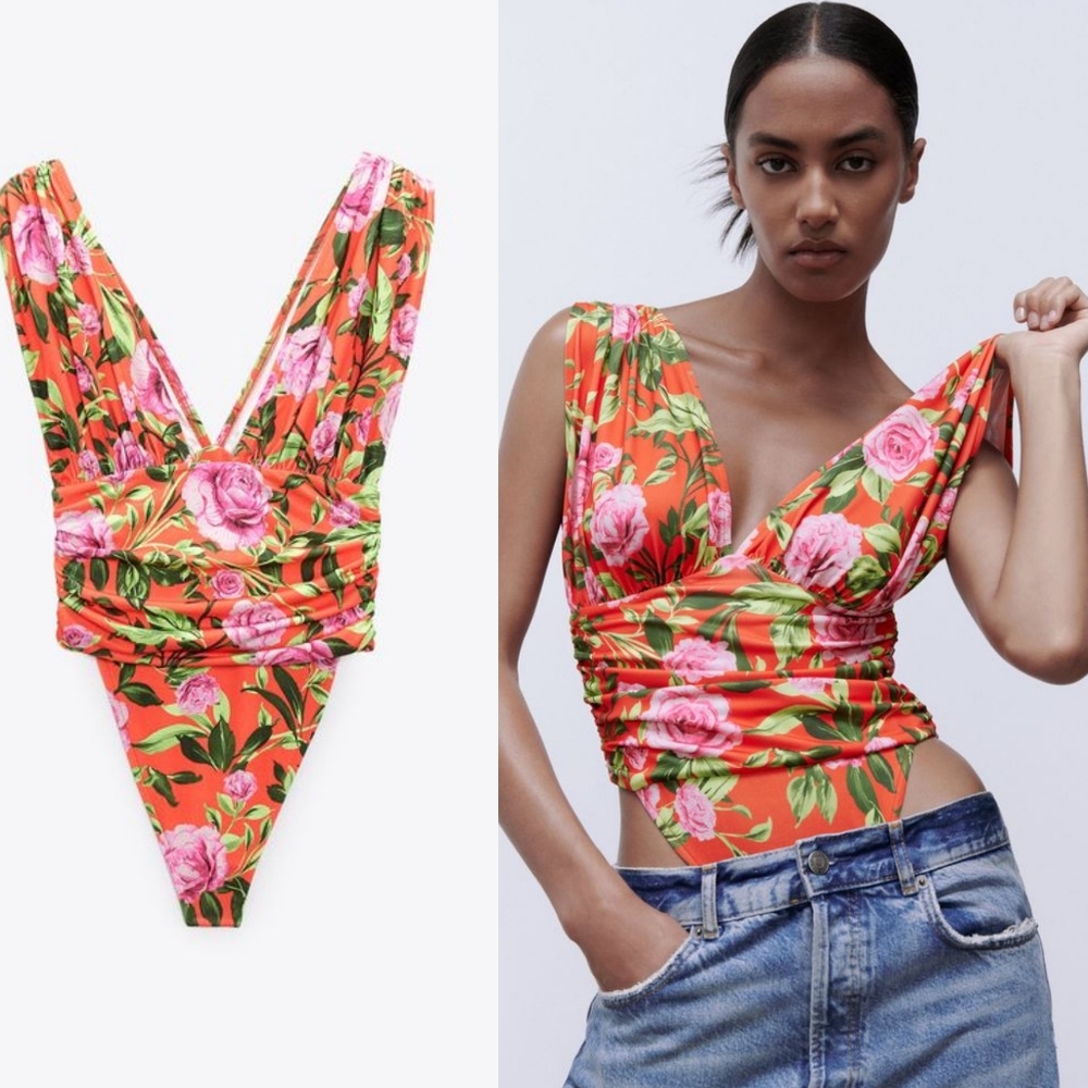 🌞Zara Drape Deep-neck Ruched  Floral Bodysuit Top Floral Sleeveless NWOT